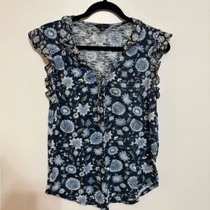 Lucky Brand Womens Floral Flutter Sleeve Lace Up V Neck Top M Navy Blue